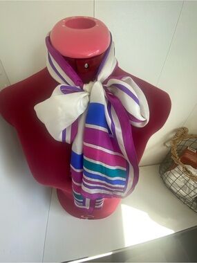 Vintage 1980s Demaro Striped Silk-Feel Long Neck Scarf in White, Purple & Blue